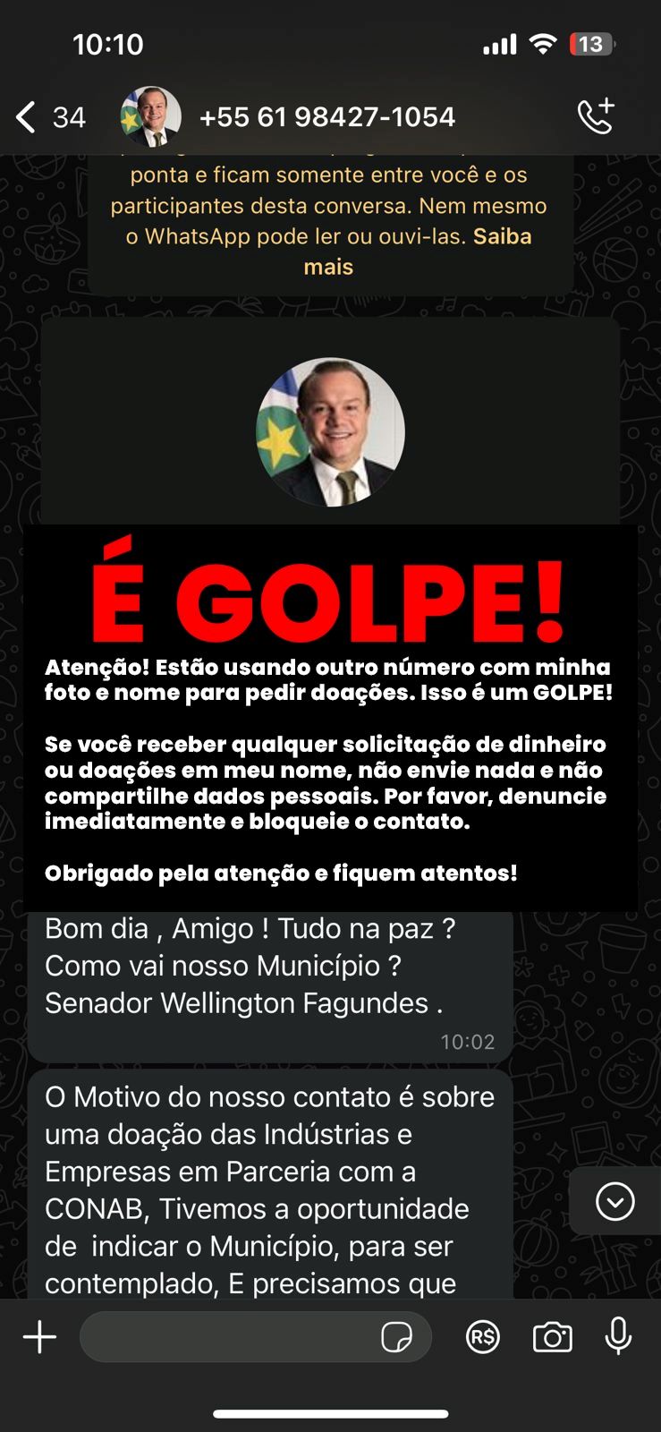 SENADOR WF - ALERTA SOBRE GOLPE CELULAR